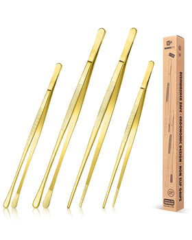 Bundlepro gold 12-inch tweezer design A for precise plating of tiny garnishes.