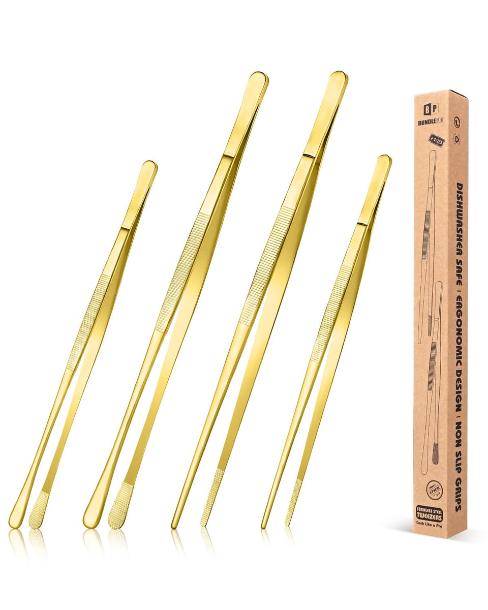 Bundlepro gold 12-inch tweezer design A for precise plating of tiny garnishes.