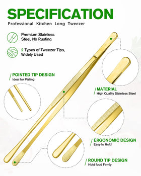 Bundlepro gold 12-inch tweezer design B ideal for delicate seafood portions.