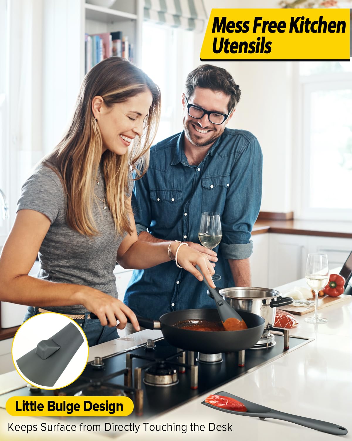 BundlePro gray-blue silicone spoon lifts hot food without warping or melting.
