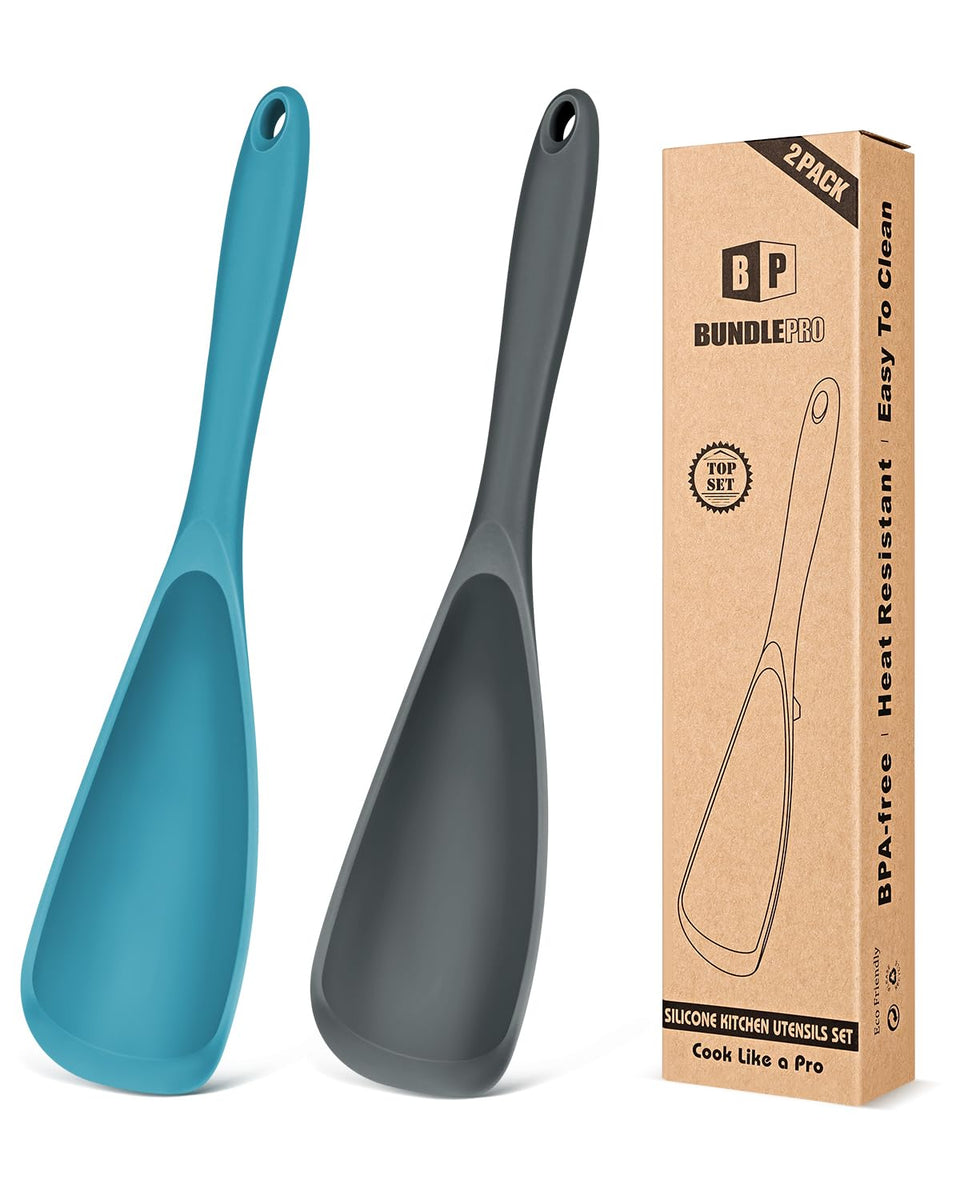 BundlePro gray-blue silicone cooking spoon set safe for non-stick pans, protects coatings.