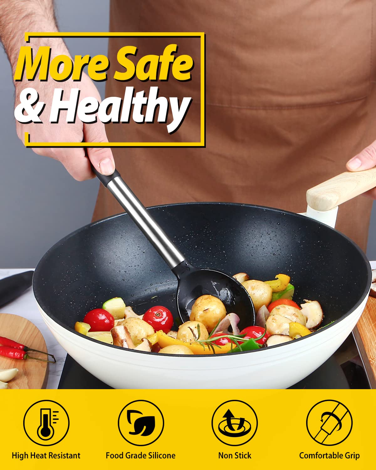 BUNDLEPRO heat-resistant silicone spoons endure high temperatures to protect pots.