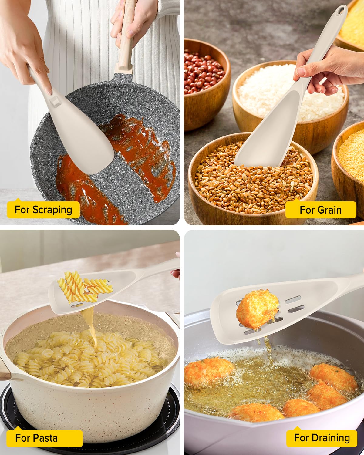 Bundlepro khaki coating-friendly spoon protects non-stick surfaces during cooking tasks.