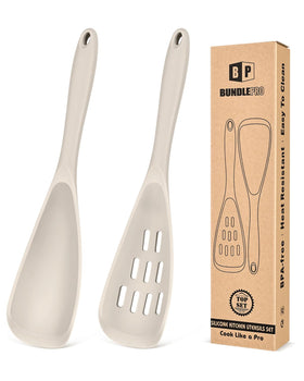 Bundlepro khaki silicone cooking spoons pack, versatile for cooking and serving without scratching non-stick surfaces.