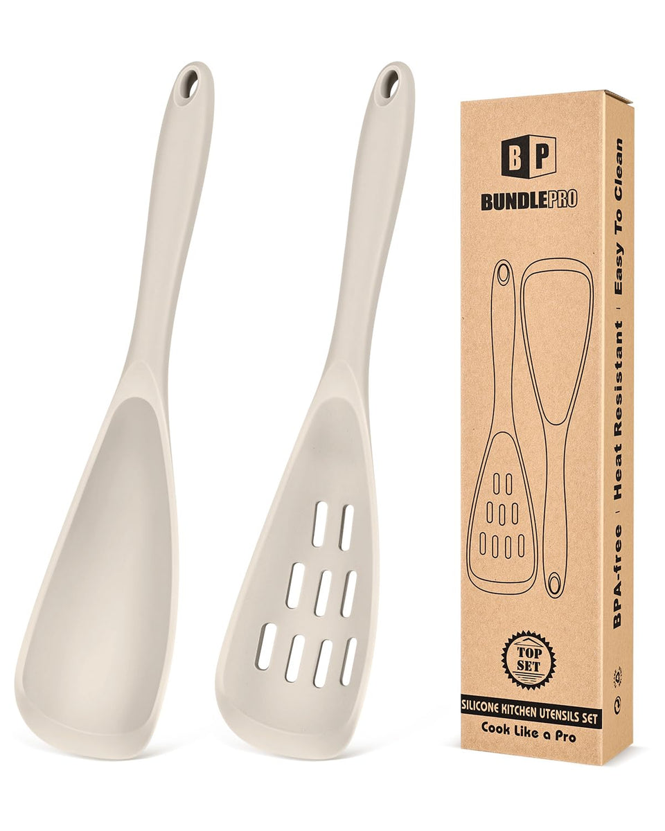 Bundlepro khaki silicone cooking spoons pack, versatile for cooking and serving without scratching non-stick surfaces.