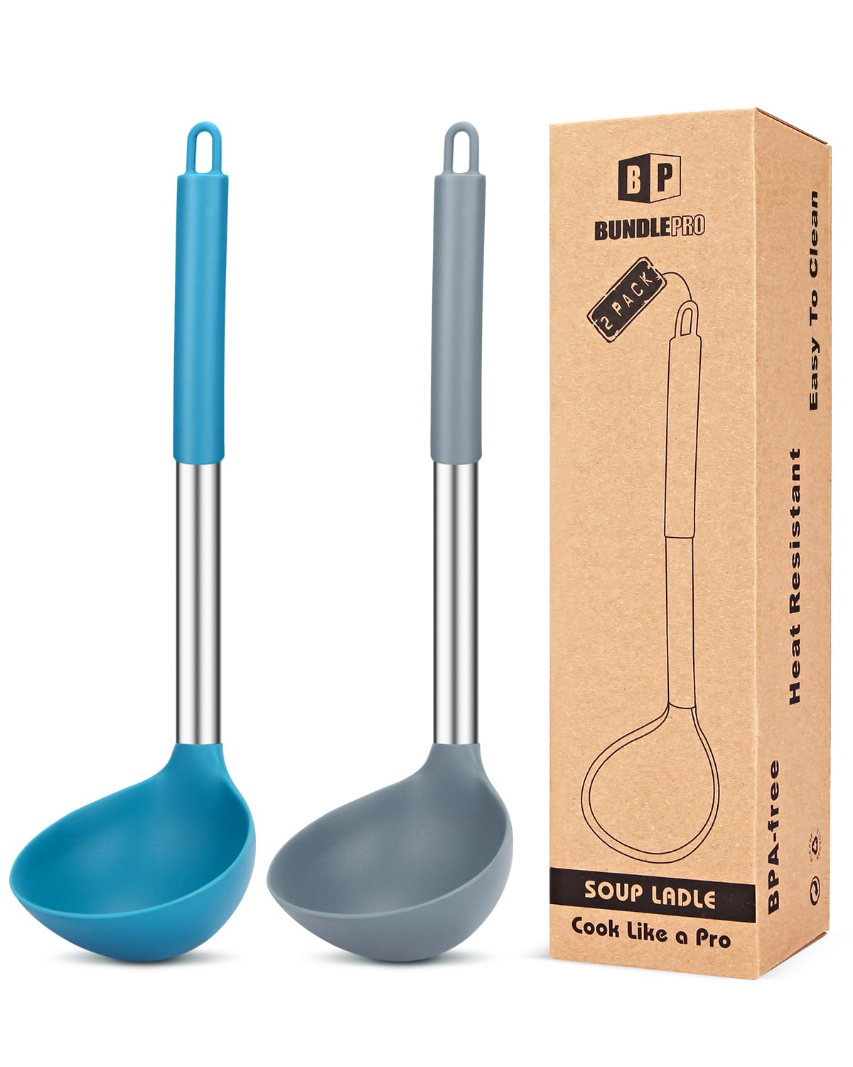 BundlePRO ladle silicone large spoon grey blue for soup stirring and serving