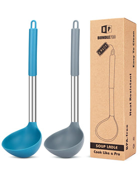 BundlePRO ladle silicone large spoon grey blue for soup stirring and serving