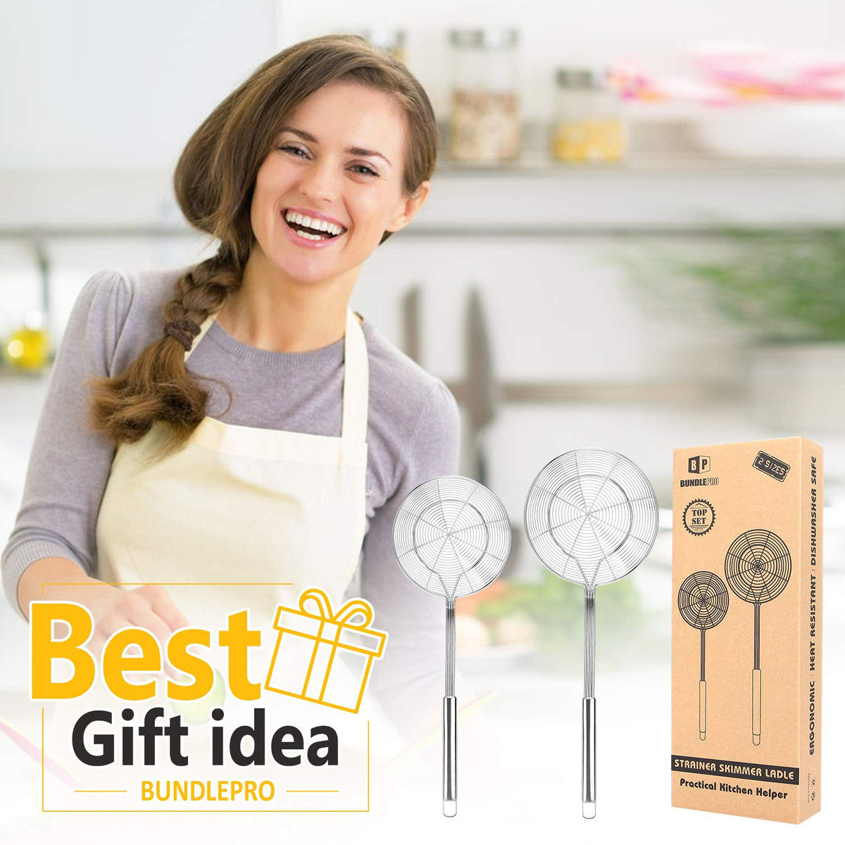 Bundlepro multi-use kitchen tool performing draining and serving hot pots