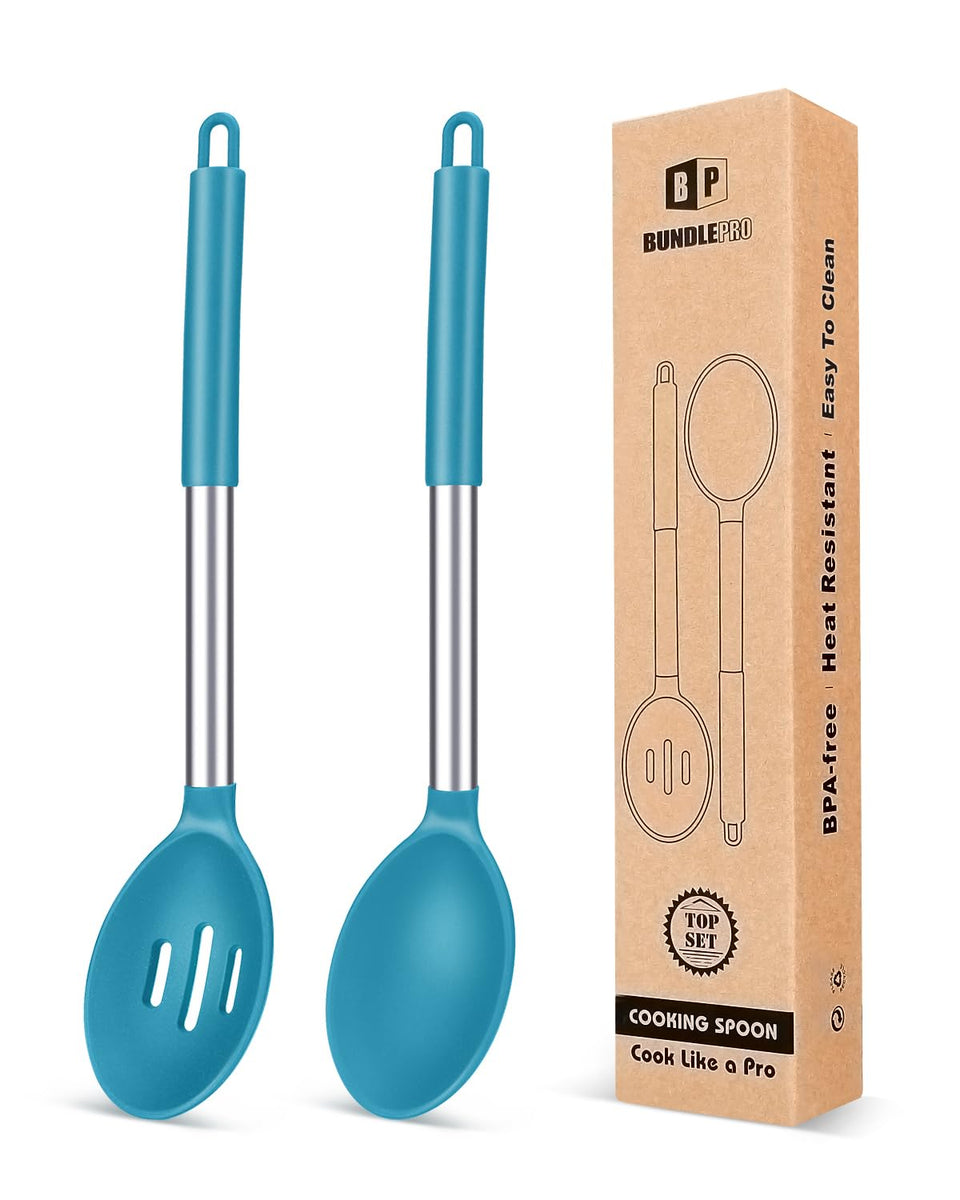 Bundlepro blue pack of 2 large silicone cooking spoons for versatile cooking