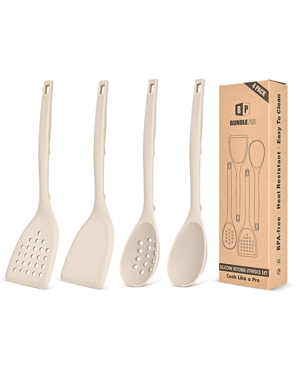 Bundlepro Pack4 khaki silicone utensils set resting on counter for quick access