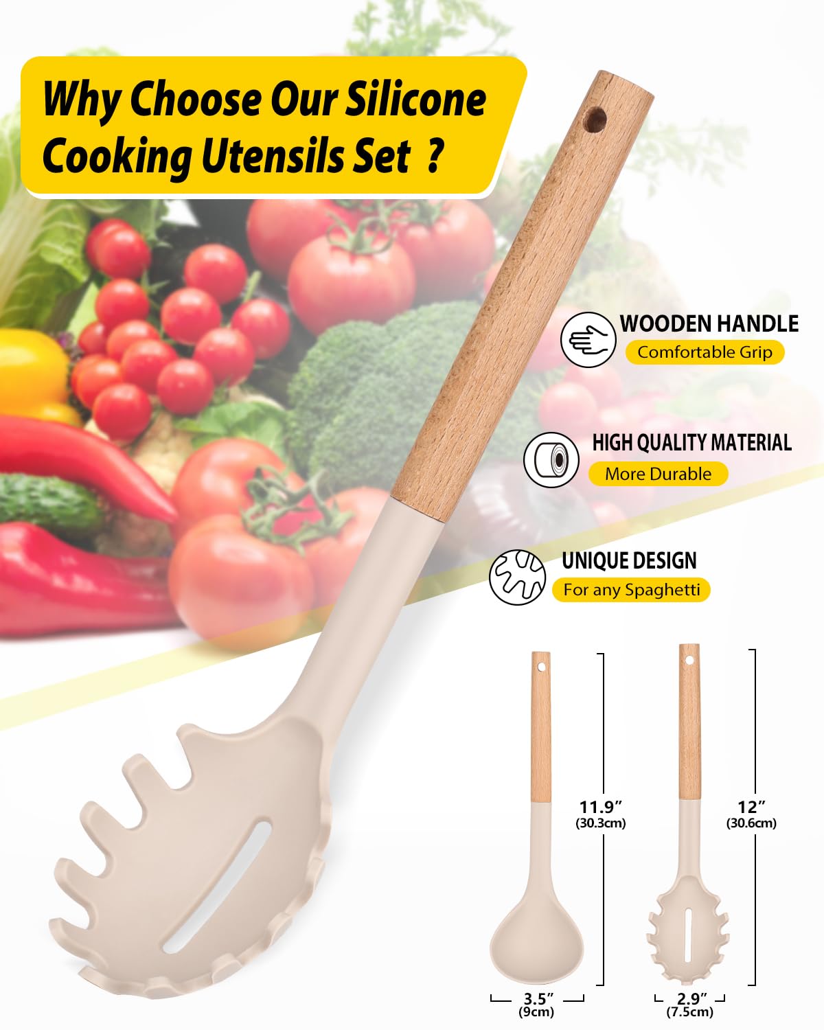 Bundlepro silicone ladle spoon in khaki with wooden handle for stirring