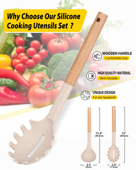 Bundlepro silicone ladle spoon in khaki with wooden handle for stirring
