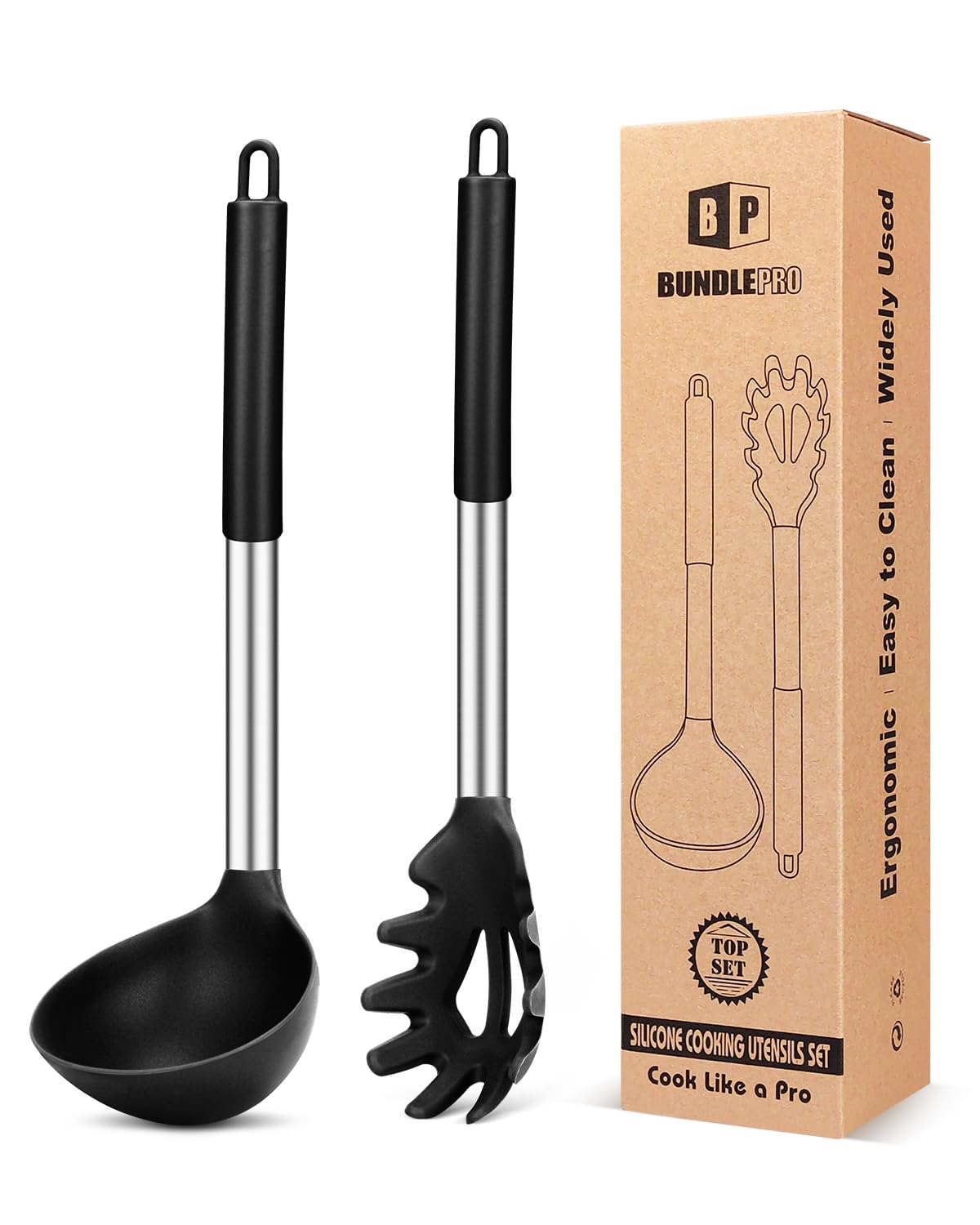 BundlePro silicone pasta fork in black lifts noodles without scratching nonstick pans.