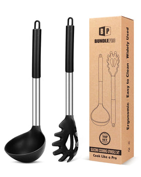 BundlePro silicone pasta fork in black lifts noodles without scratching nonstick pans.