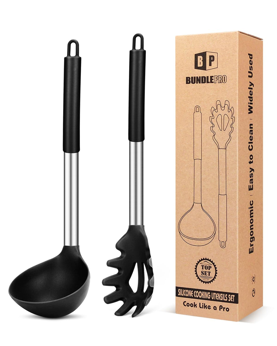 BundlePro silicone pasta fork in black lifts noodles without scratching nonstick pans.