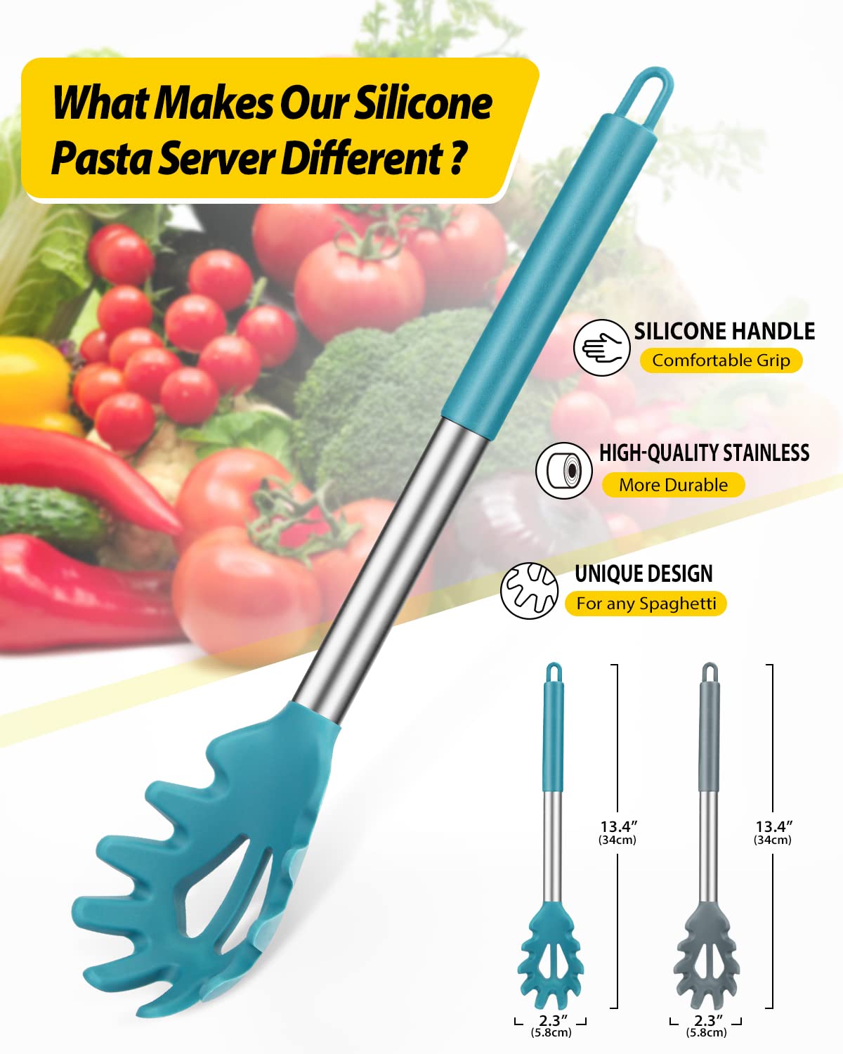 Bundlepro silicone pasta fork gray-blue handle stays cool for safe handling