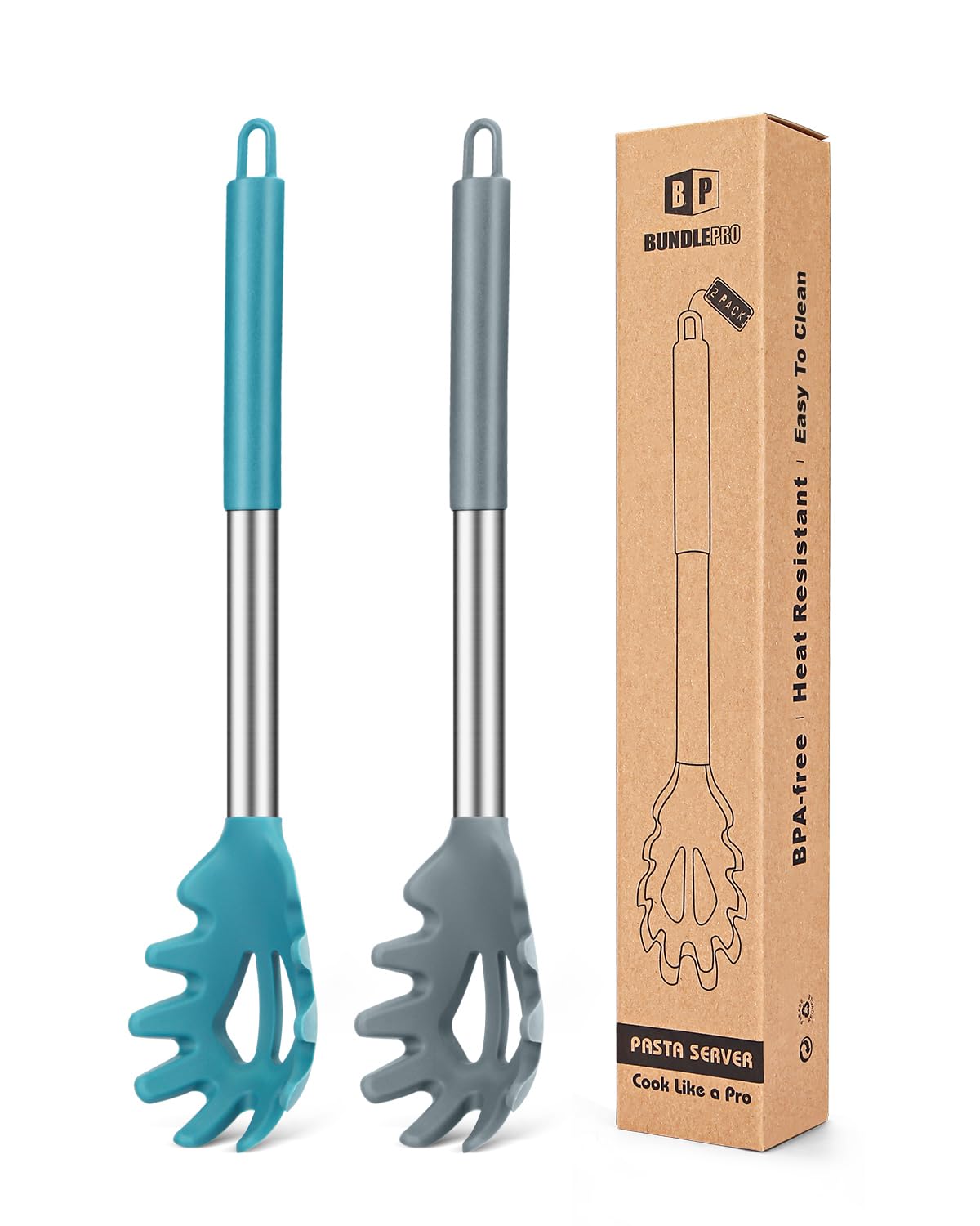 Bundlepro silicone pasta fork gray-blue head for gentle stirring without scratching pans