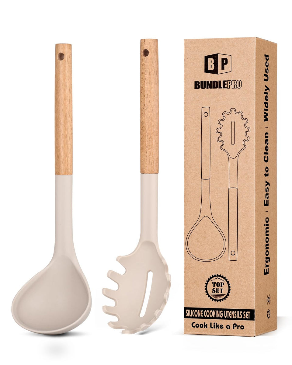 Bundlepro silicone pasta fork with khaki handle for nonstick safety