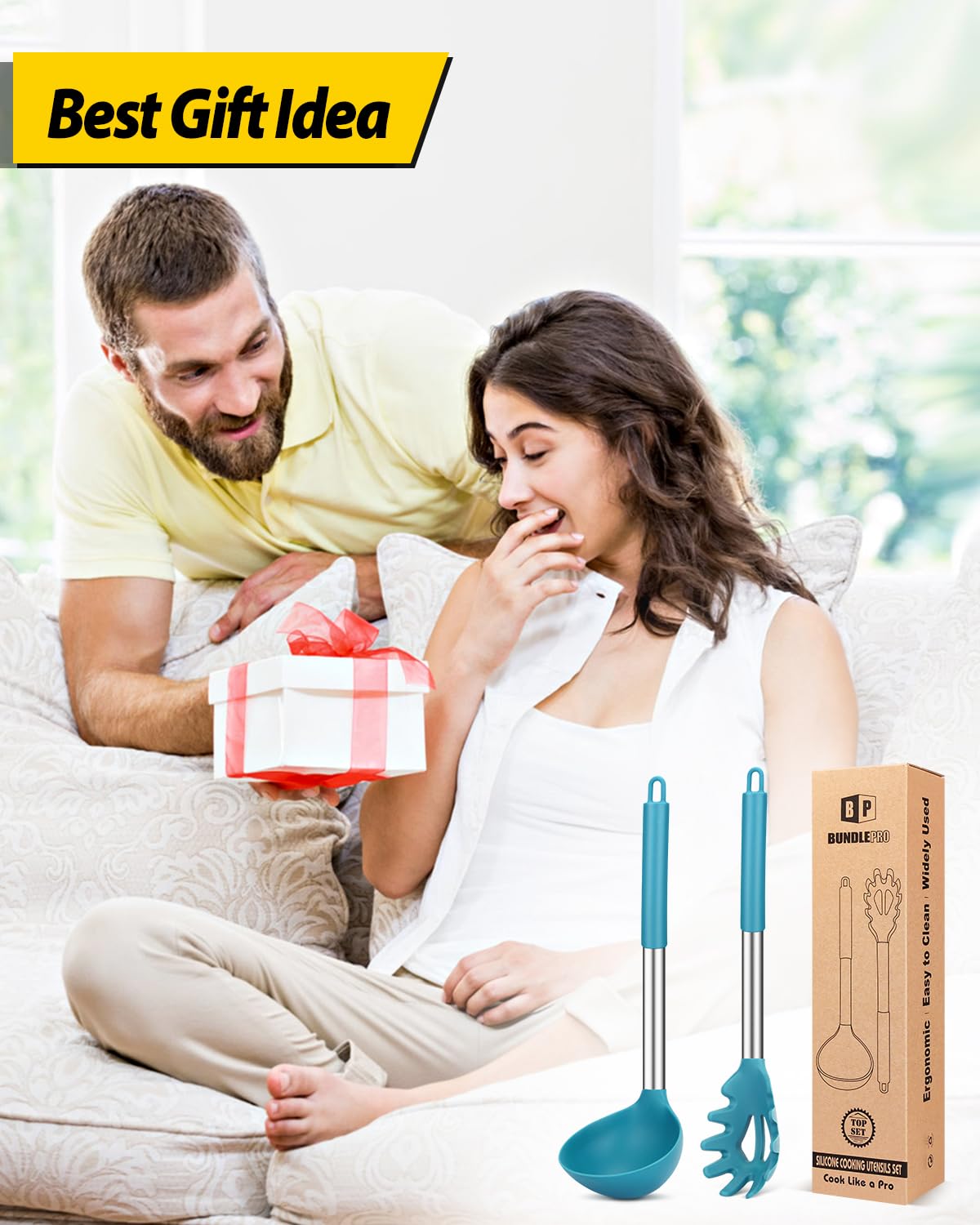 BundlePro blue utensils protect nonstick surfaces while serving sauces and noodles.