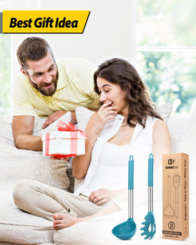 BundlePro blue utensils protect nonstick surfaces while serving sauces and noodles.