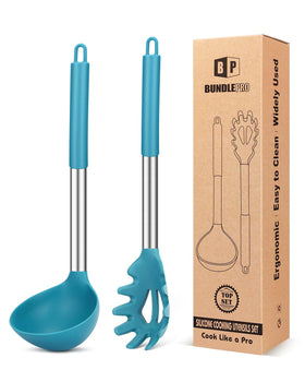 BundlePro blue silicone pasta fork and ladle for safe pasta serving and nonstick pans.