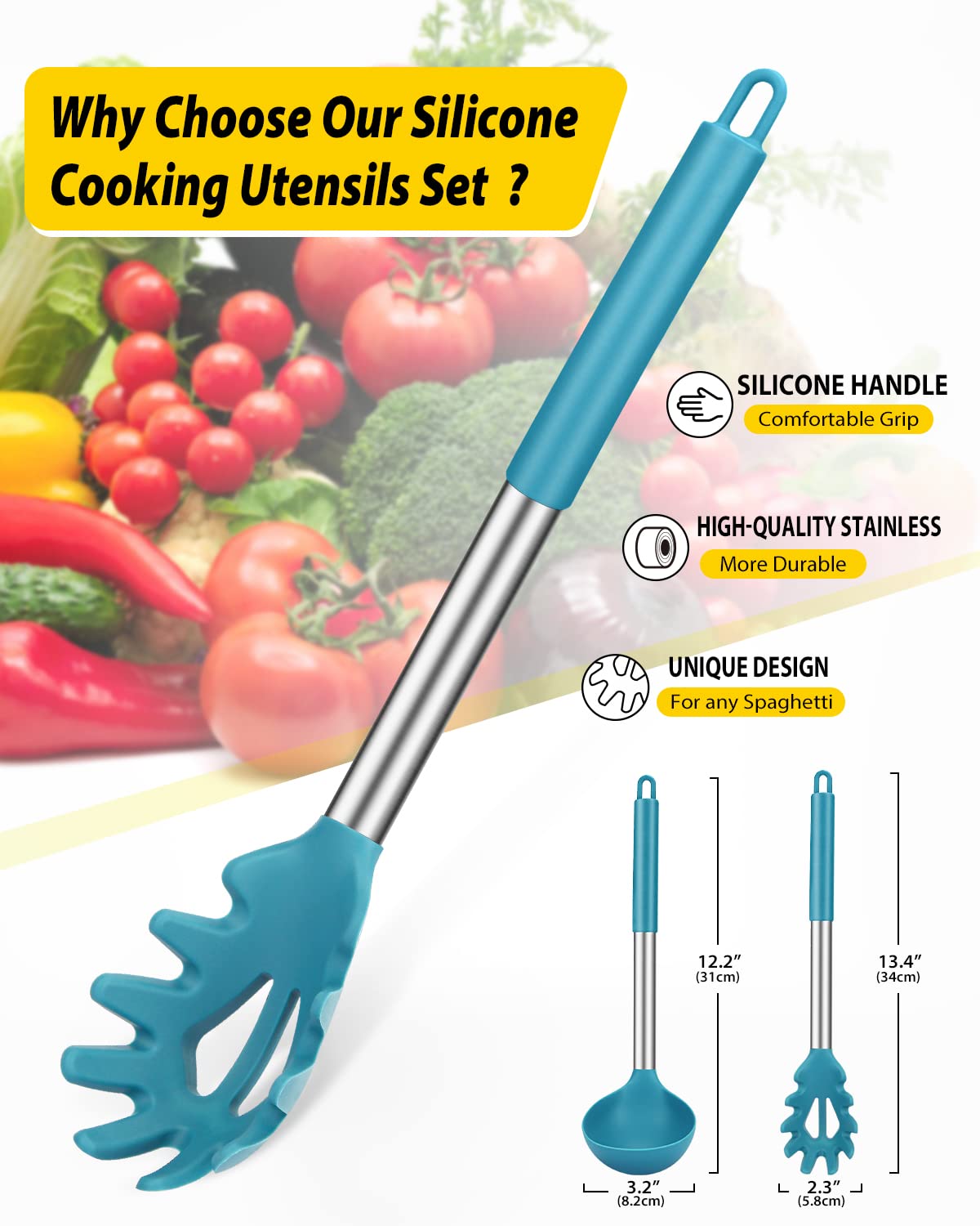 BundlePro blue spoon and fork set featuring soup ladle for easy serving.