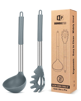 Bundlepro silicone pasta fork and ladle set in gray for easy stir and serve
