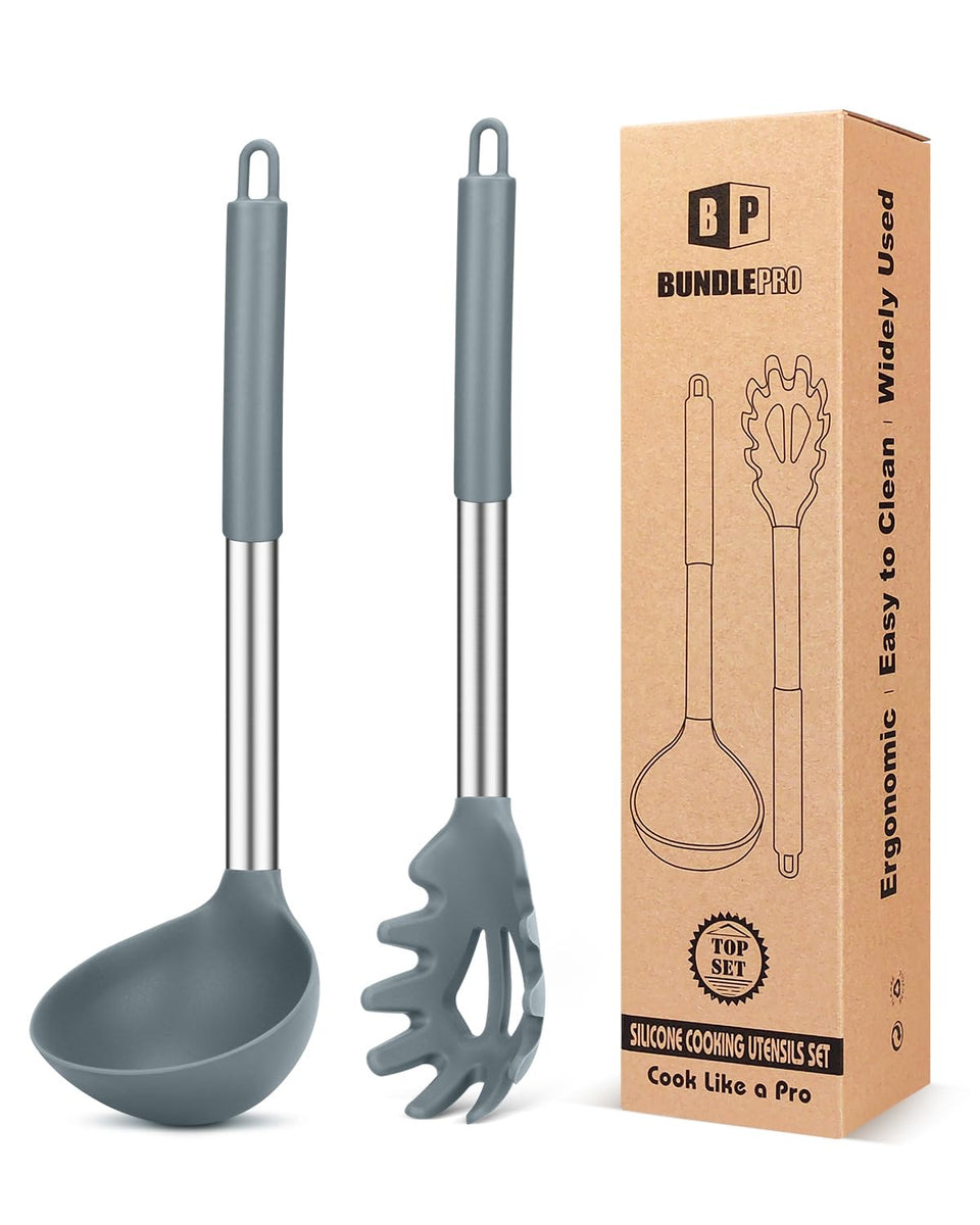 Bundlepro silicone pasta fork and ladle set in gray for easy stir and serve