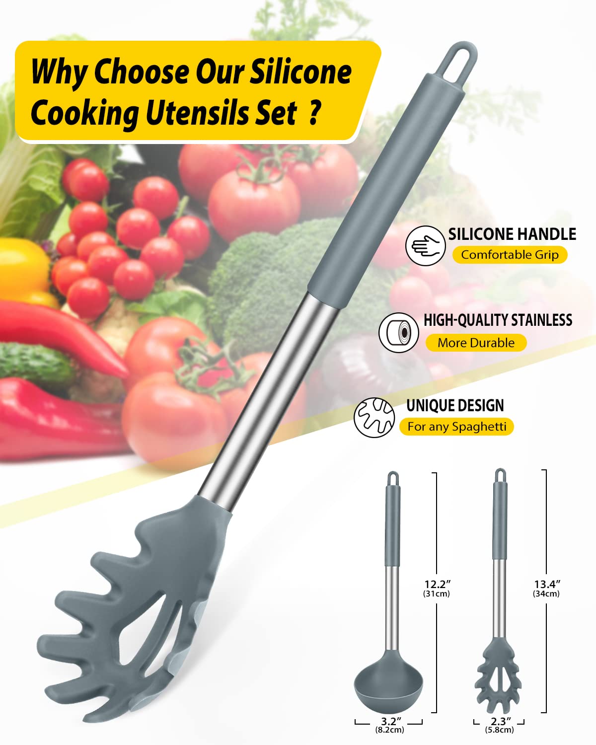 Bundlepro gray pasta fork lifts spaghetti without scratching cookware