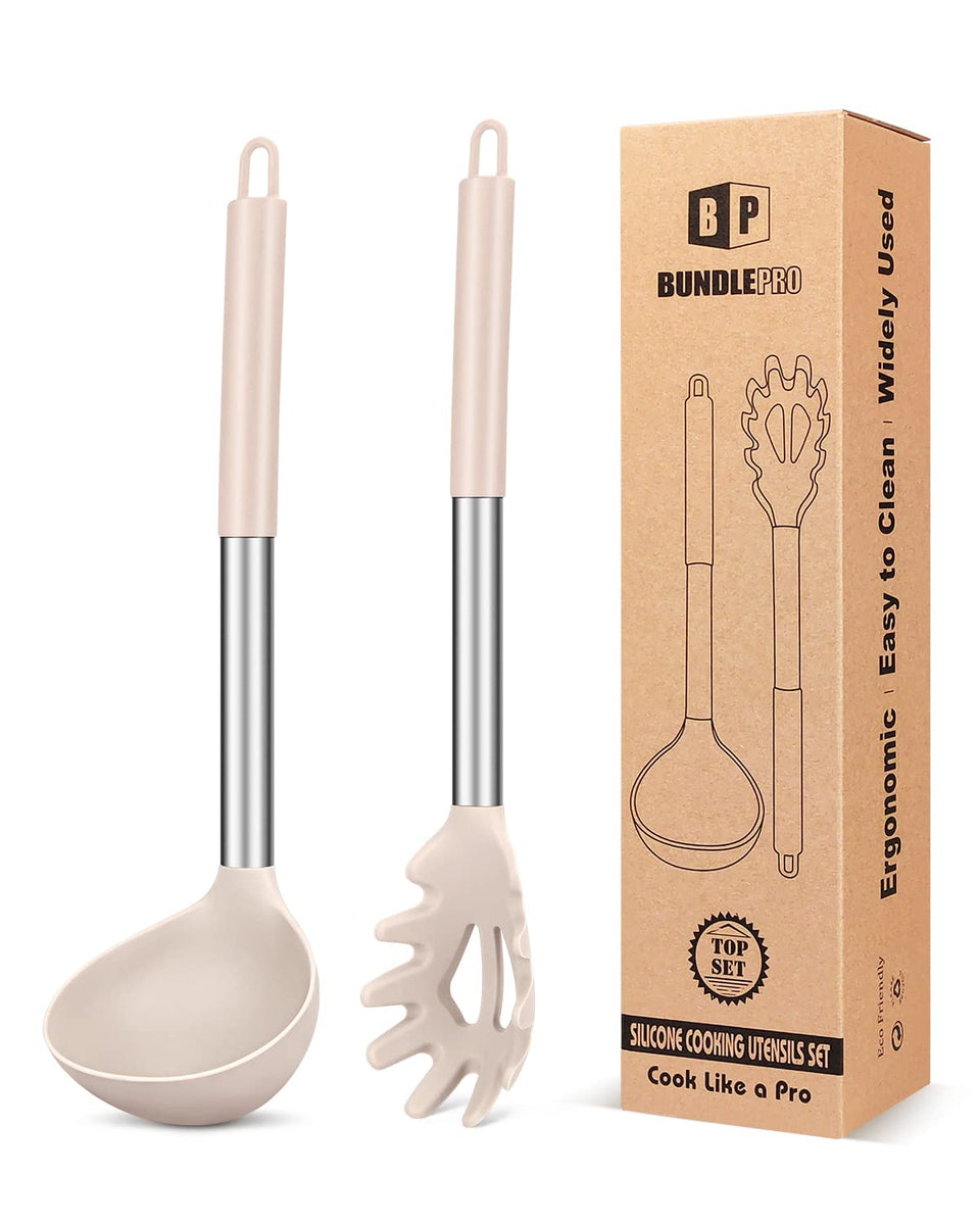 Bundlepro silicone-pasta-fork-ladle-set in khaki for stirring and serving pasta safely.
