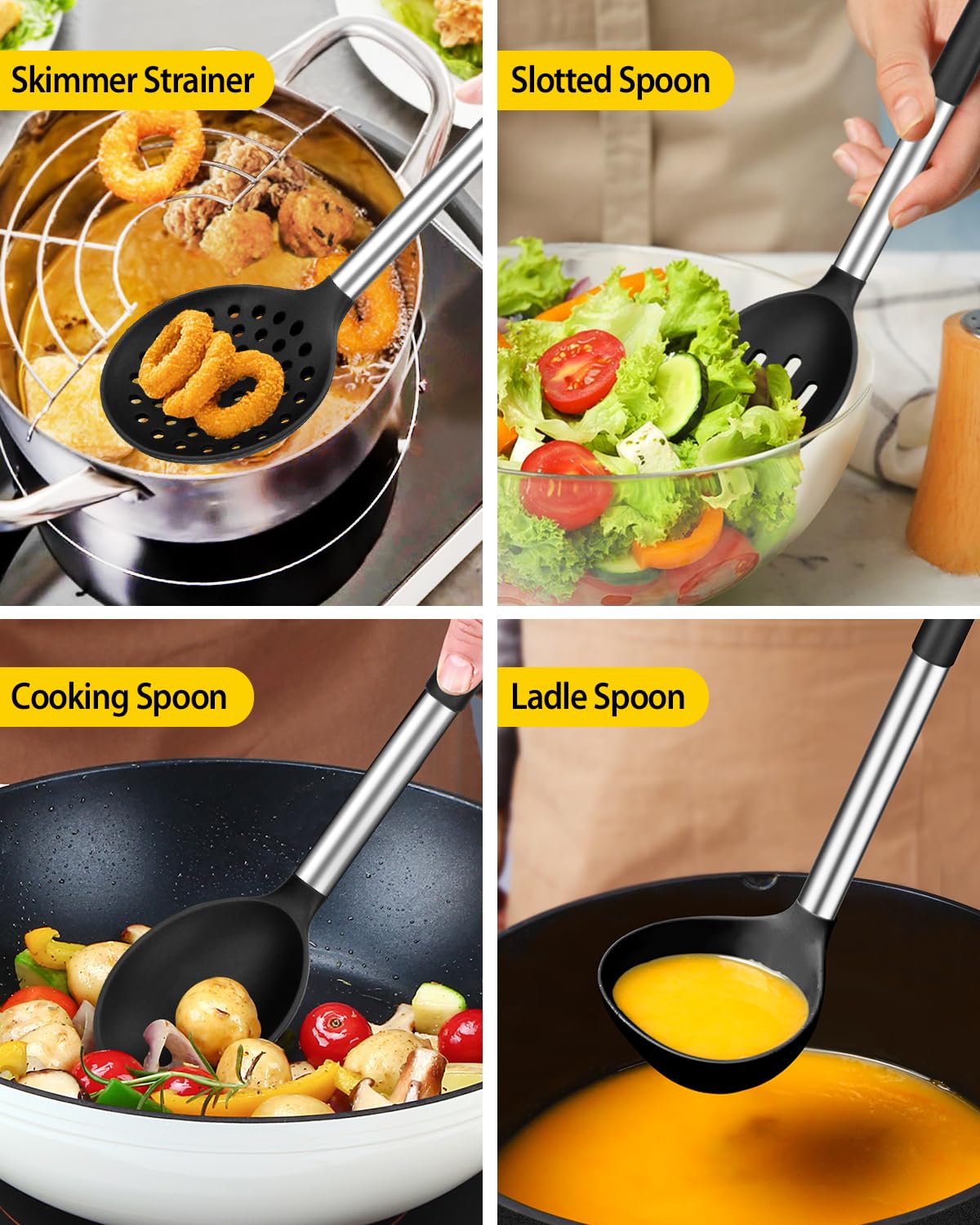 BundlePro silicone skimmer drains excess liquids from fried foods.