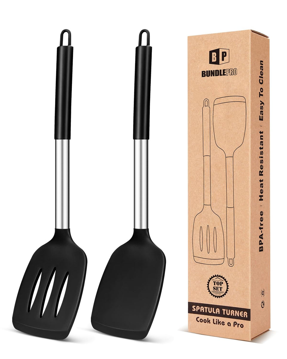 BUNDLEPRO silicone solid turner, black 2-pack, ideal for flipping delicate fish without scratching.