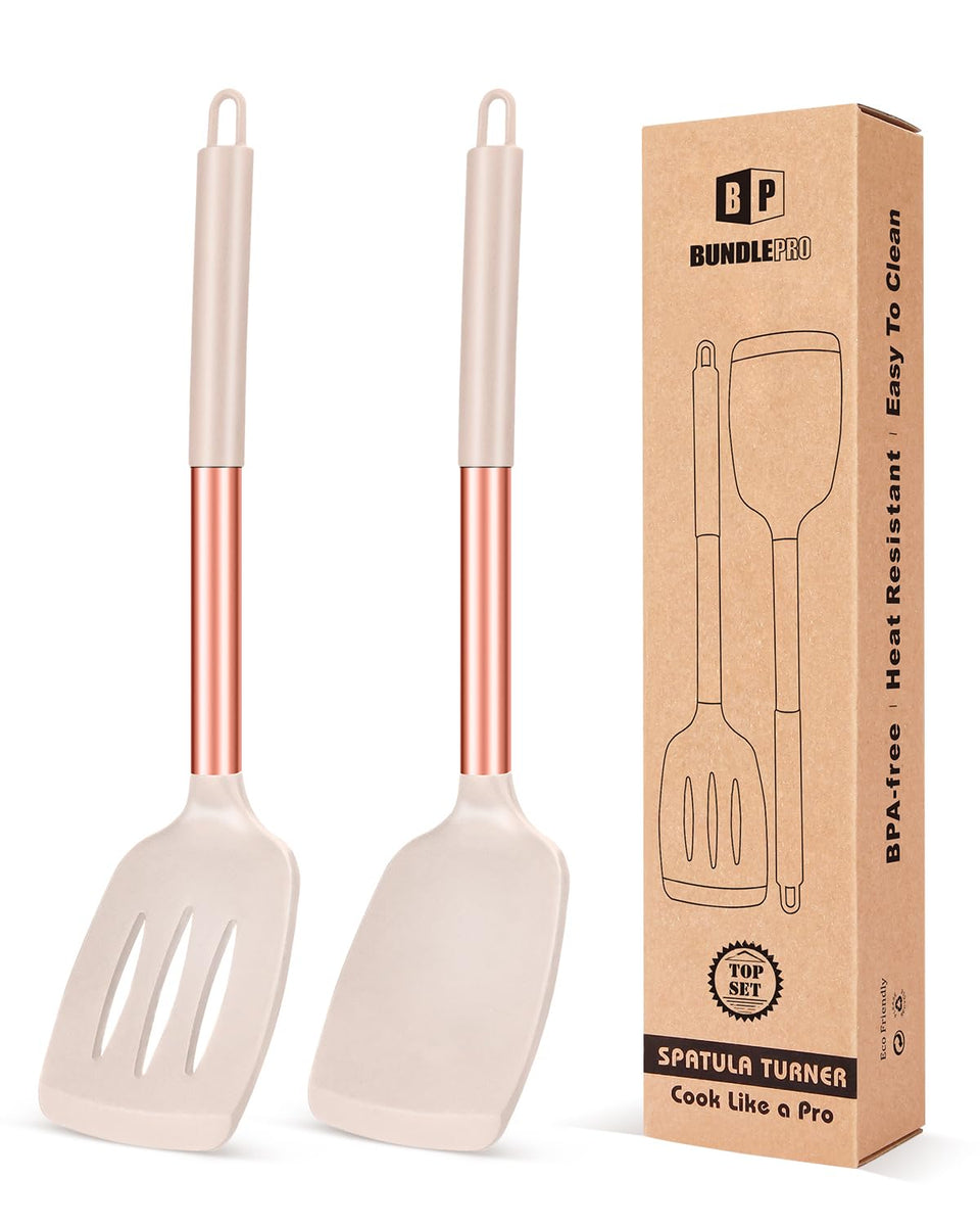 BUNDLEPRO silicone solid turner in rose gold and khaki for versatile cooking.