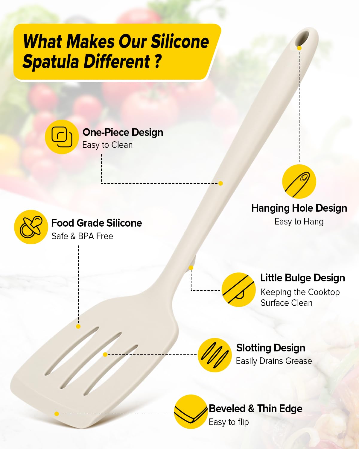 Bundlepro silicone spatula slotted over pan for draining