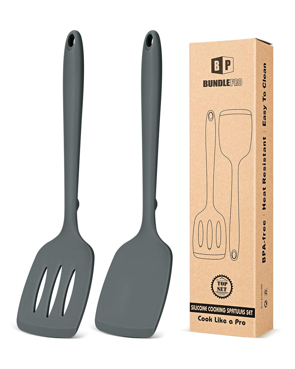 Bundlepro silicone spatula slotted for safe, draining flips.