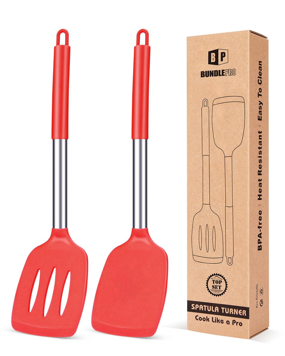 Bundlepro silicone turner red front view, gentle on nonstick pans.