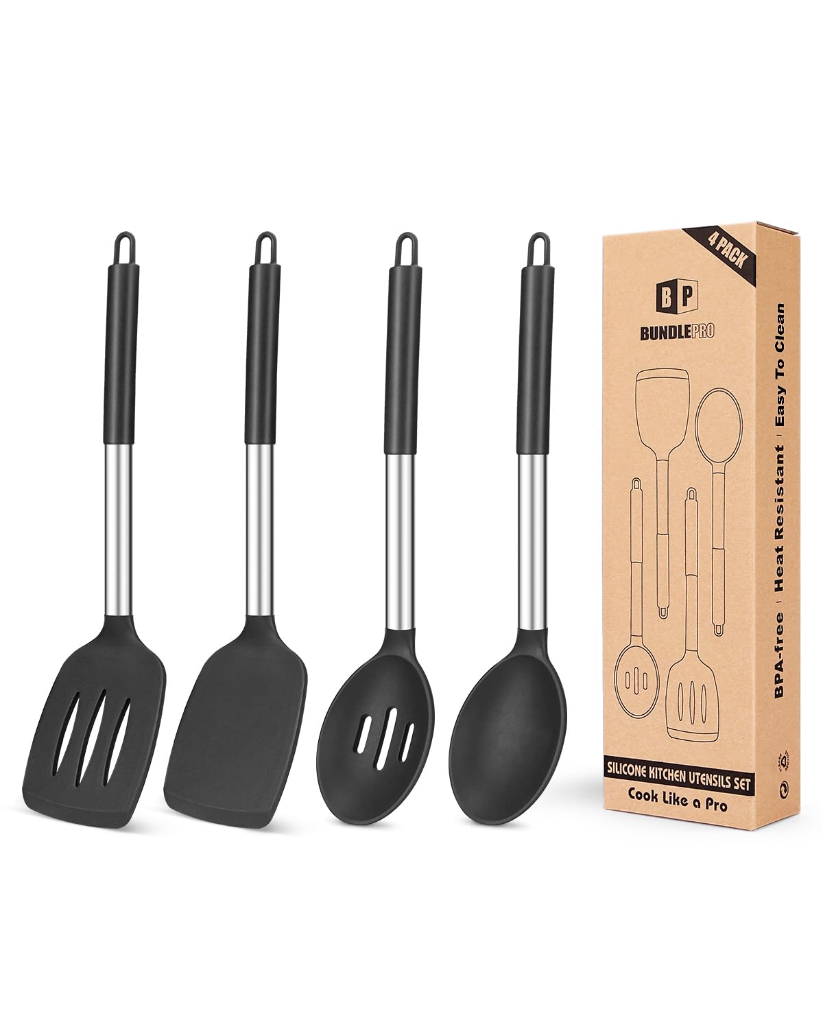 BundlePro silicone utensils with large-head spatula for safe flipping