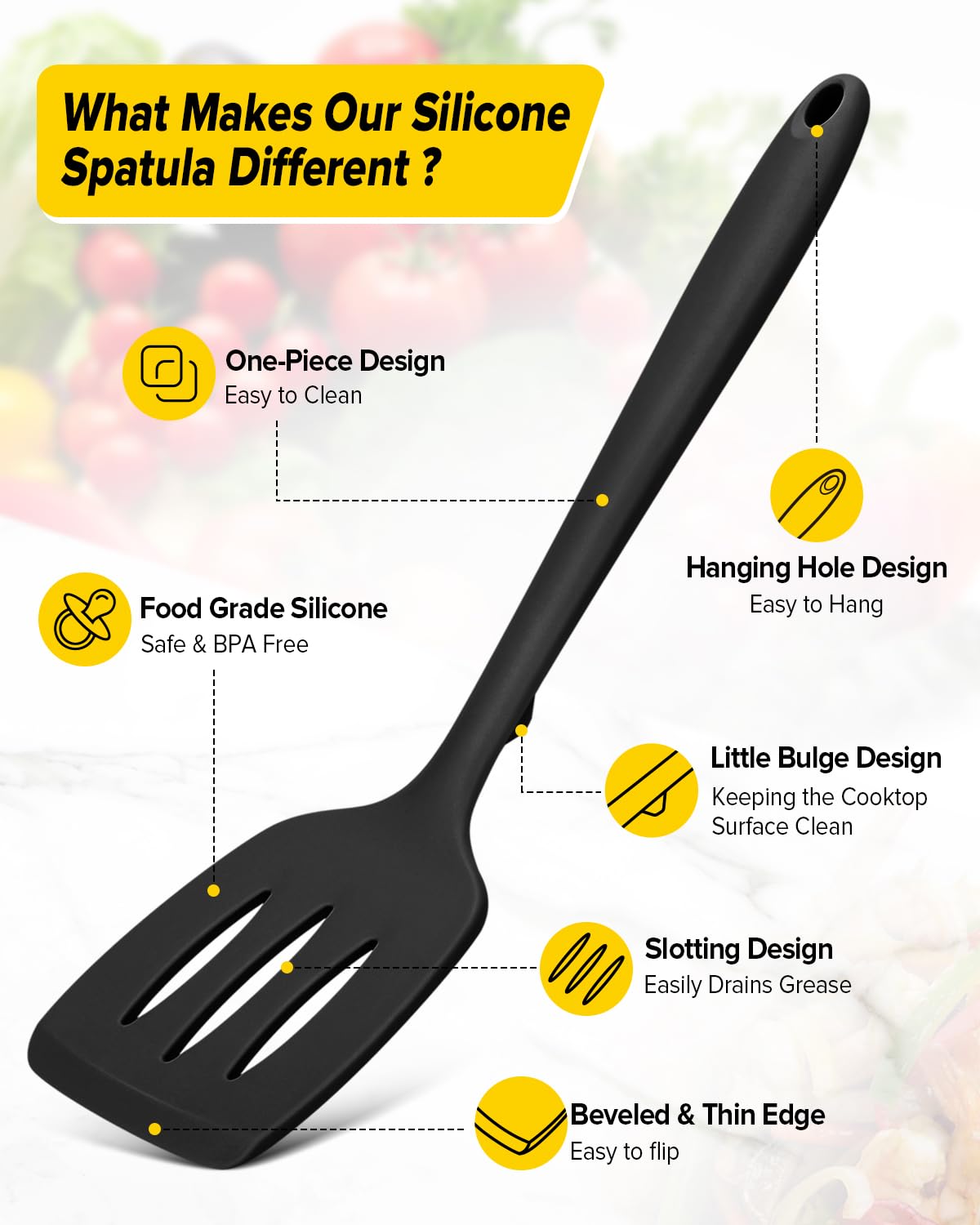 BUNDLEPRO slotted silicone spatula in black, drains liquids while turning fish and pancakes.