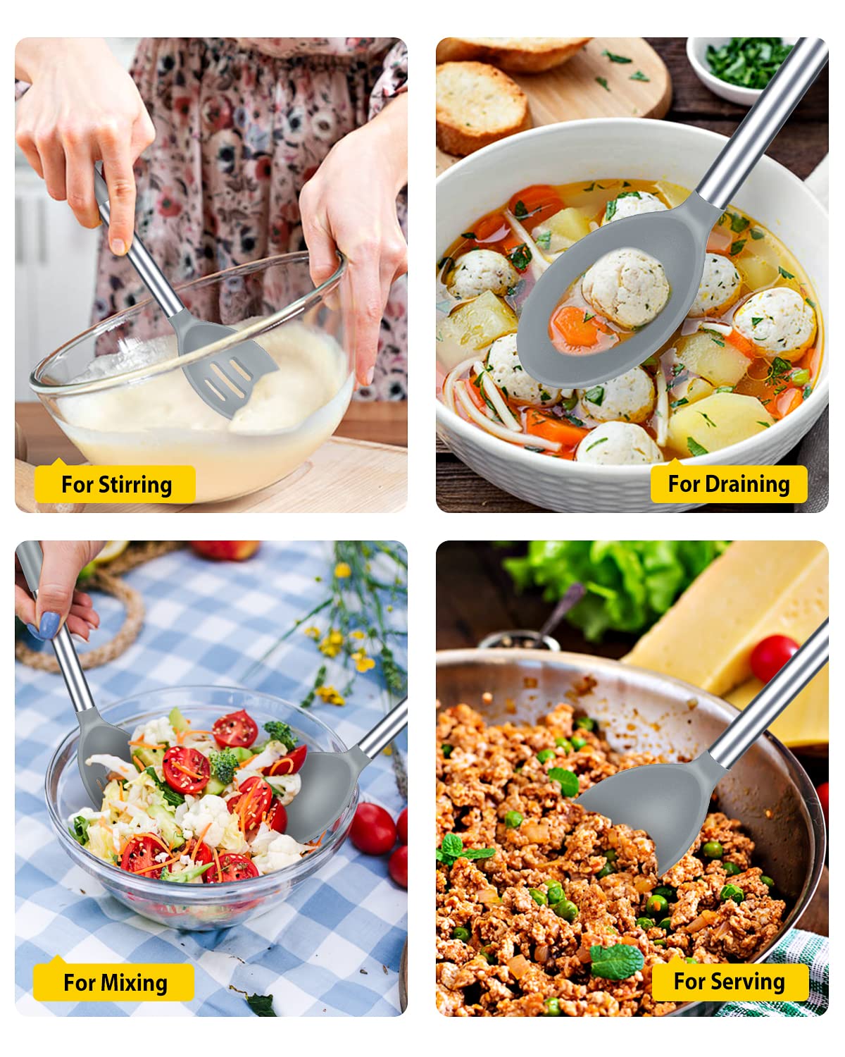 Bundlepro slotted silicone spoon drains liquids quickly and protects cookware.