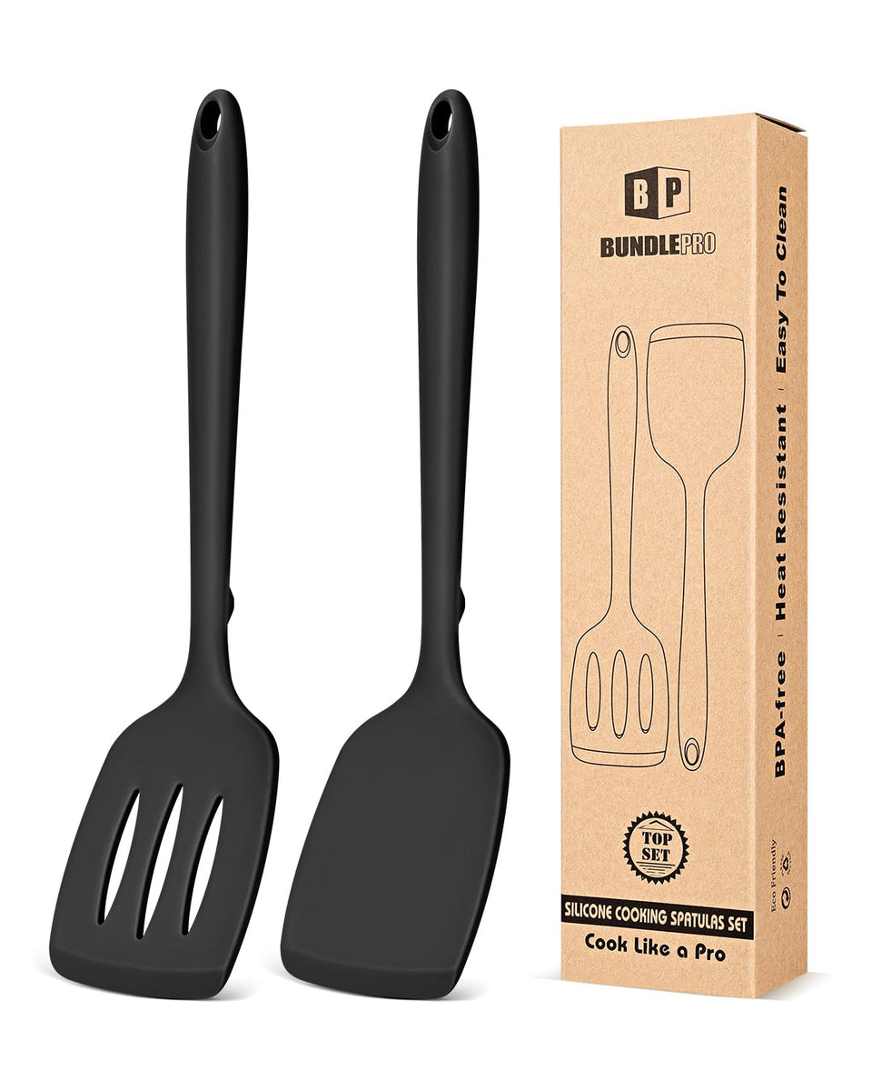BUNDLEPRO solid silicone spatula in black, gentle on cookware and great for flipping eggs.