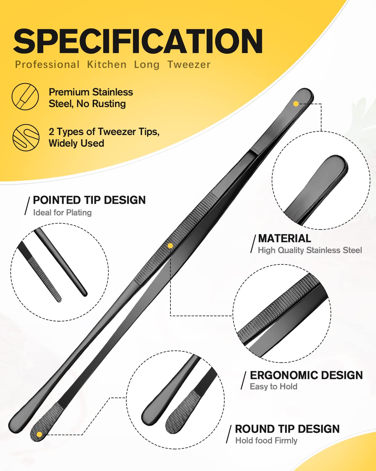 Bundlepro stainless steel tweezers 12in black ideal for grilling and careful turning.
