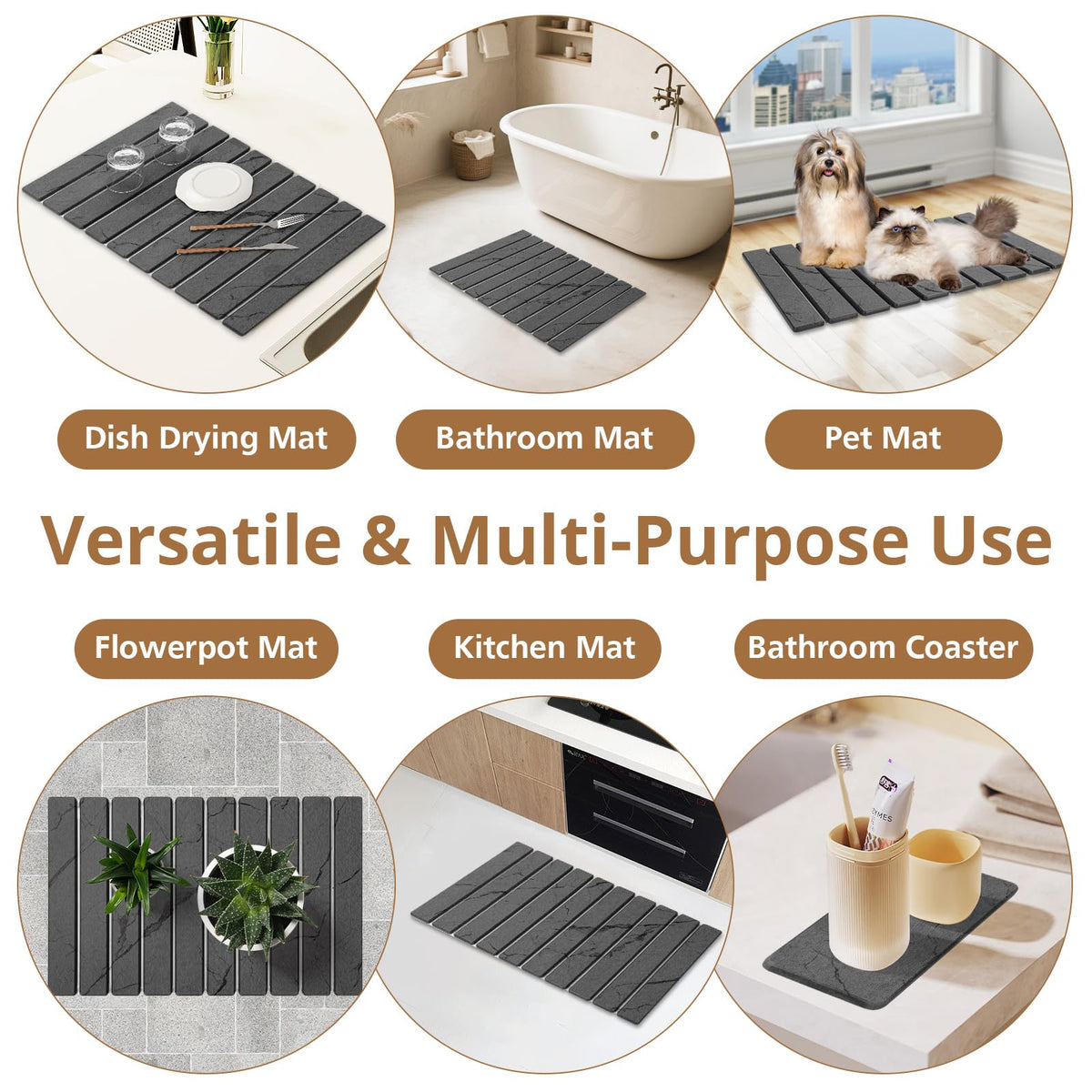 Bunmery dark gray mat hides stains with a marble-inspired surface design.