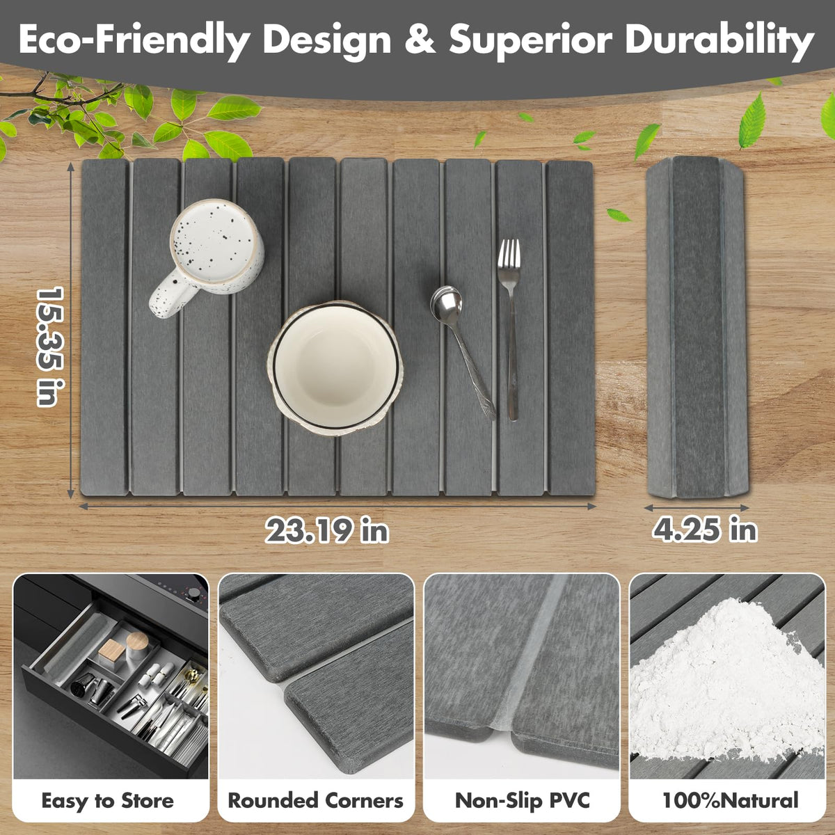 Bunmery dark gray stone mat highlighting compact, space-saving design