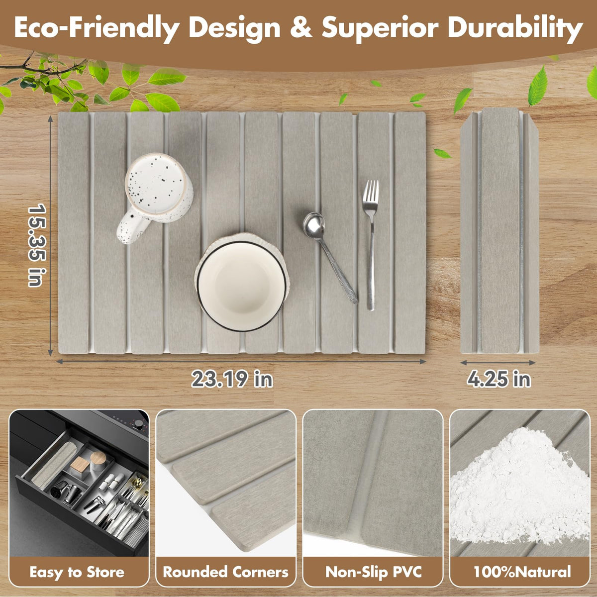 Bunmery fast-dry diatomite mat keeps counters dry during meals.