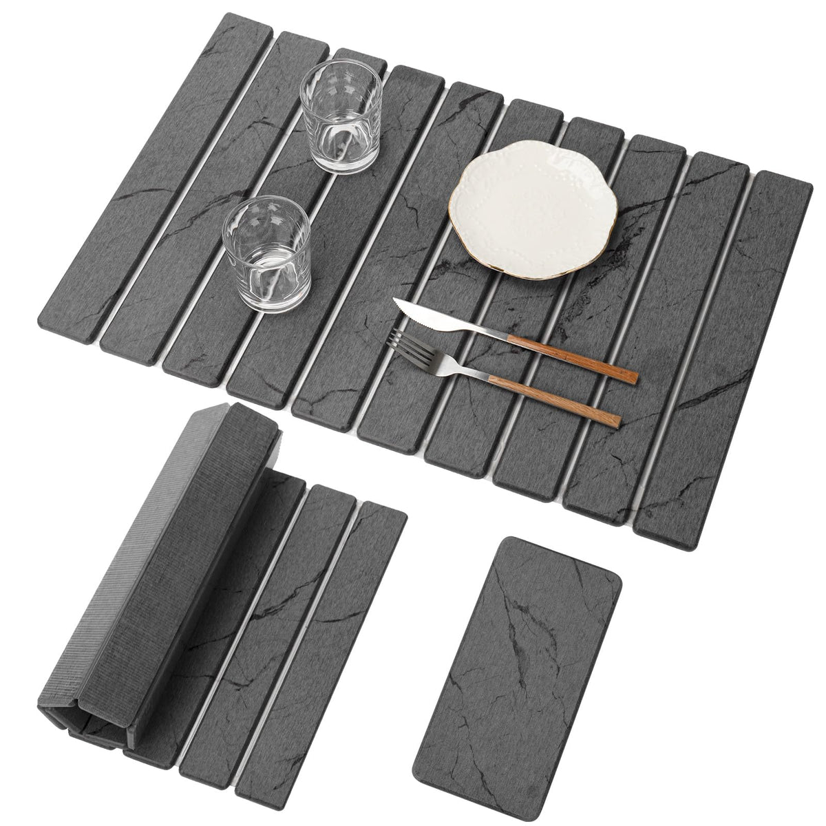 Bunmery large stone drying mat on counter with dark gray marble pattern, keeps surfaces dry.