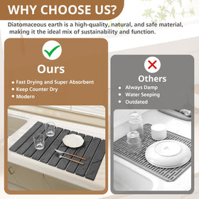 Bunmery quick-dry stone mat shown under dishes for rapid evaporation.