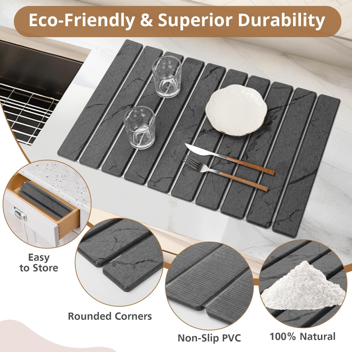 Bunmery stone drying mat folded for compact storage in a cabinet or drawer.