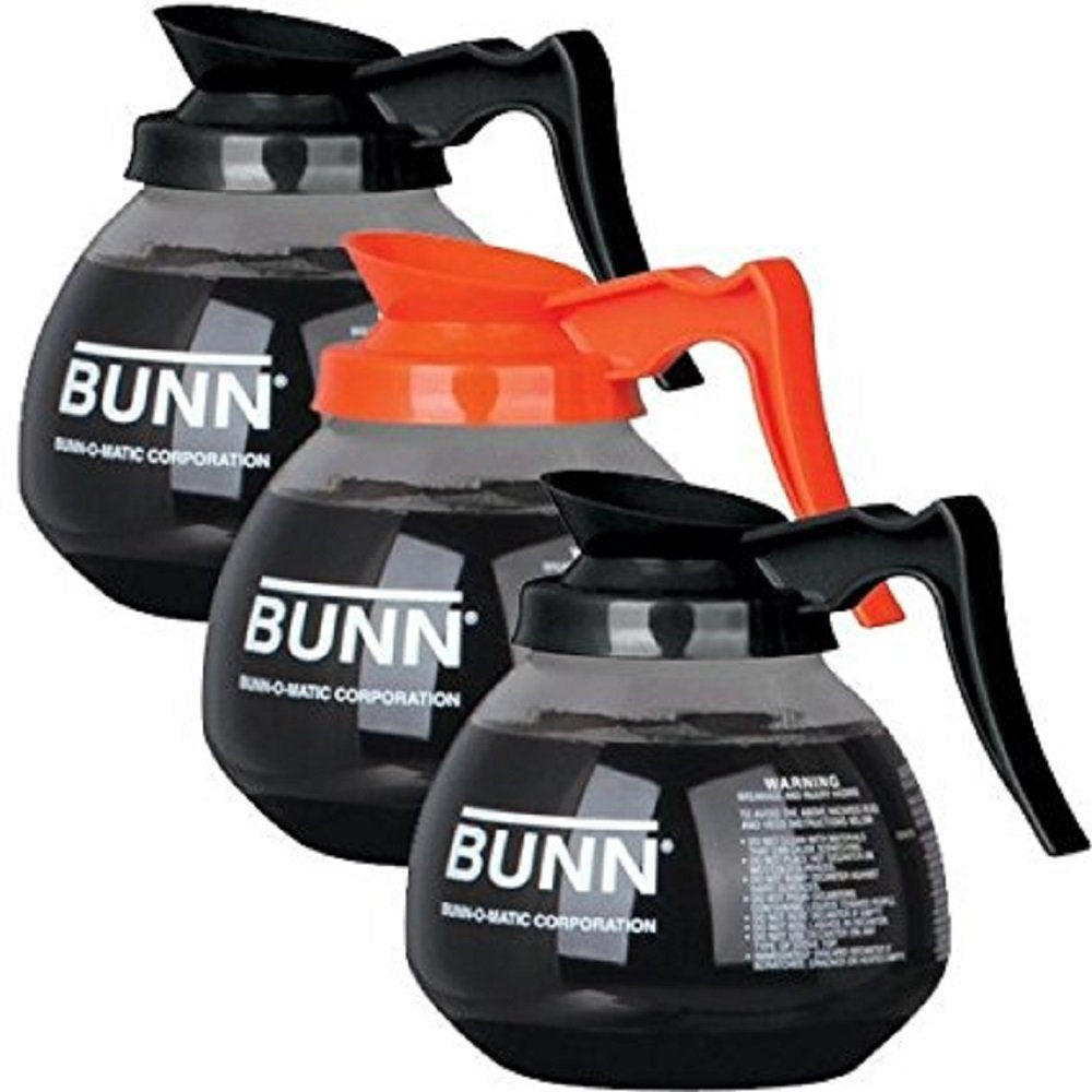 BUNN coffee pot decanter logo-print close-up showing durable finish after heavy use.