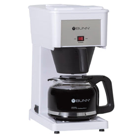 Bunn GRW Velocity Brew front view in white, compact home coffee maker.