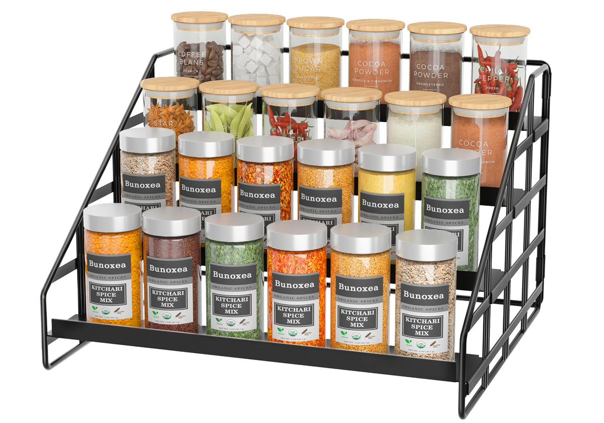 Bunoxea 4-tier spice rack with adjustable depth keeps spices organized and accessible.